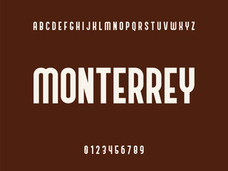 Monterrey Typography Design with White Uppercase Letters, Alphabet, and Numbers 0-9 on Solid Dark Brown Background, Modern Educational Text Graphic.