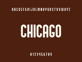 Chicago Typography Design with White Uppercase Letters, Alphabet, and Numbers 0-9 on Solid Dark Brown Background, Modern Educational Text Graphic.