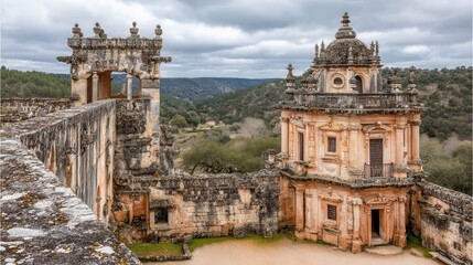 Fototapeta premium Ancient stone structures, a courtyard scene of a weathered, historical complex, with a light beige and dark gray architecture, showcasing a picturesque landscape and grand architectural details.