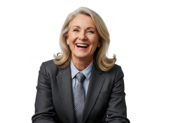Smiling mature businesswoman in suit with blonde hair laughing portrait stock photo png isolated on transparent background