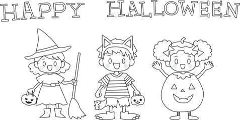 Line drawing of cute kids with Halloween costumes and Happy Halloween text.  Vector Illustration.