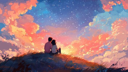 Obraz premium Romantic Couple Sitting on Grass Hill Watching a Colorful Sunset Sky with Starry Night Atmosphere