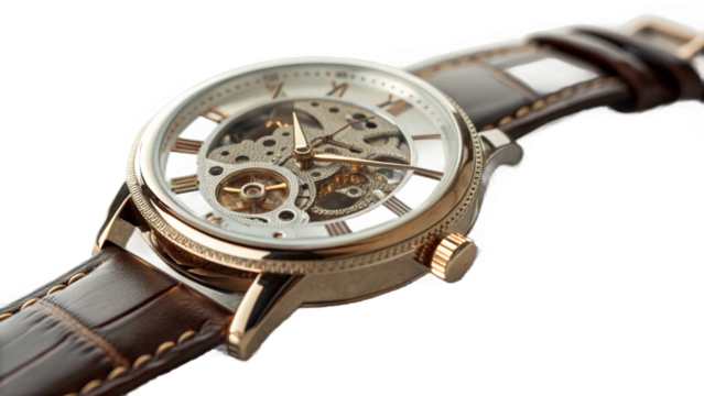 Luxury Skeleton Watch with Leather Strap on Transparent Background