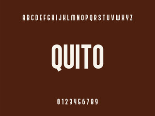 Quito Typography Design with White Uppercase Letters, Alphabet, and Numbers 0-9 on Solid Dark Brown Background, Modern Educational Text Graphic.