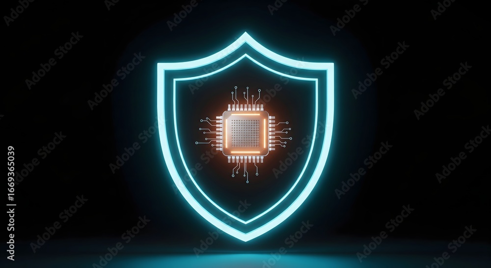 Poster glowing neon shield protecting a computer circuit.