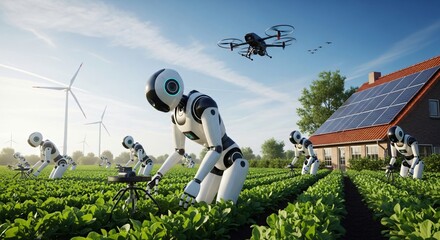Robotic farm workers tending crops with drone oversight system