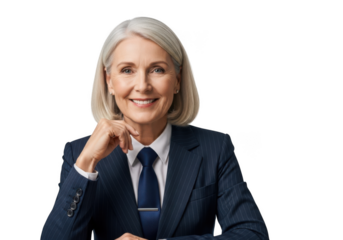 Smiling mature businesswoman portrait with gray hair in suit and tie stock photo image isolated on transparent background