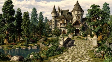 A picturesque stone pathway leads to a grand, fairytale castle nestled within a lush, green forest.