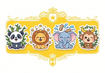 Fototapeta premium Adorable Cartoon Animals Panda Lion Elephant Monkey Stickers Cute Jungle Friends Illustration