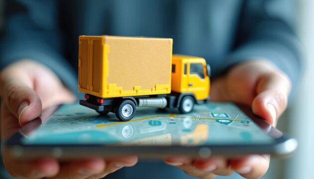 Yellow delivery truck toy sits on smartphone displaying map interface. Hands hold phone, suggesting modern logistics, app-based transportation solutions. Focus on innovative technology for urban
