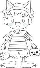 Line drawing of a cute boy with Halloween Werewolf costume.  Vector Illustration.