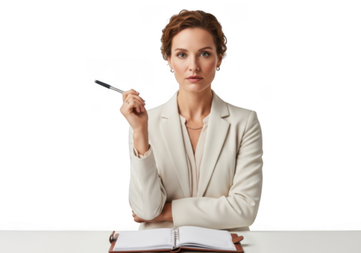 Professional businesswoman with pen and notebook, elegant female executive, corporate portrait, isolated on transparent background