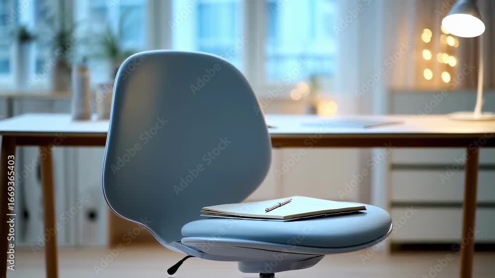Poster medium shot featuring a stylish ergonomic chair and neat desk with a focused notebook while blurred 