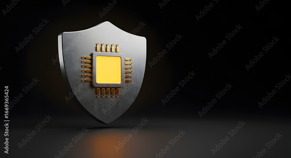 Poster computer chip is placed on a shield to illustrate the concept of technology security.