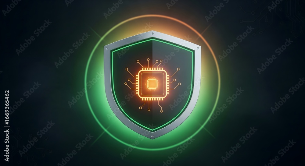 Poster illustration of a computer chip in a shield representing cybersecurity.
