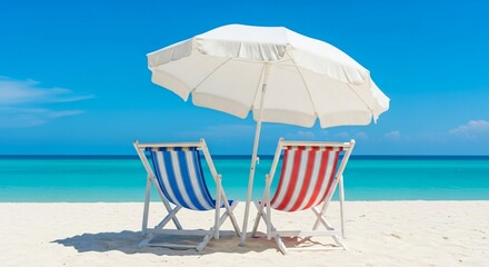 Idyllic Beach Scene Two Striped Lounge Chairs Under a White Beach Umbrella on a Pristine Sandy Beach