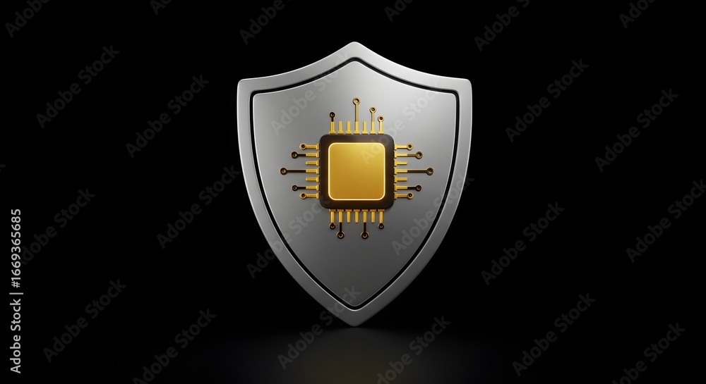 Poster a metallic shield with a golden computer chip symbolizing digital security.
