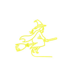 Fototapeta premium Eerie neon witch silhouette flying on broomstick, a spooky and vibrant Halloween graphic adds magic and mystery to your designs this festive season