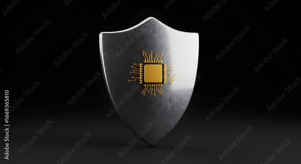 Poster illustration of a shield with a microchip for cybersecurity.
