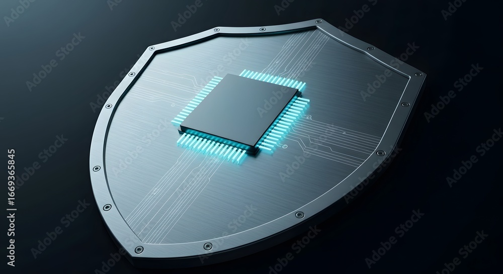 Poster security shield with computer chip symbolizes cybersecurity.