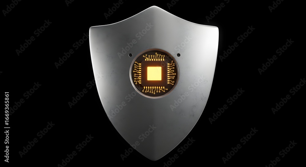 Poster a conceptual illustration of a shield with a microchip symbolizing cybersecurity.