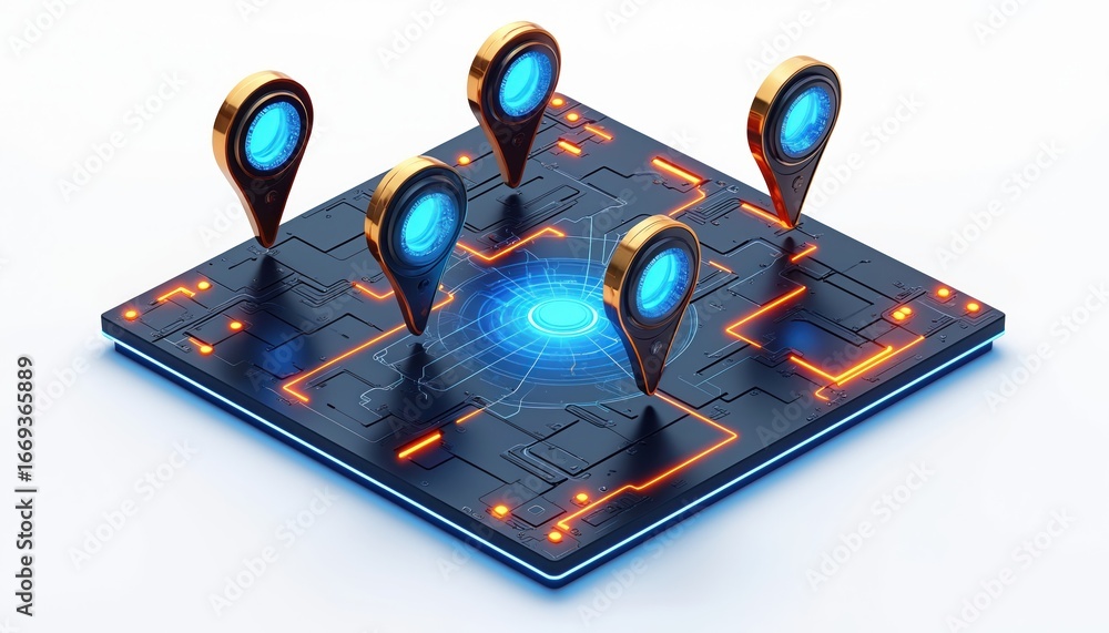 Aufkleber futuristic digital map display with golden location pointers on circuit board. blue glowing lines co