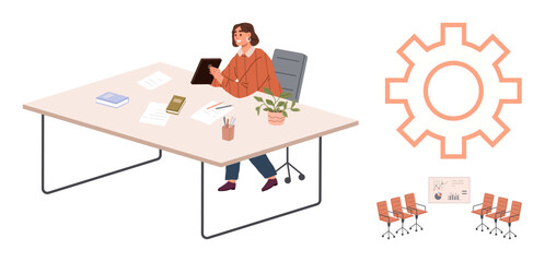 Businesswoman working at a desk with papers and gadgets, accompanied by a gear icon and conference setup. Ideal for teamwork, planning, strategy, business process, meeting, productivity