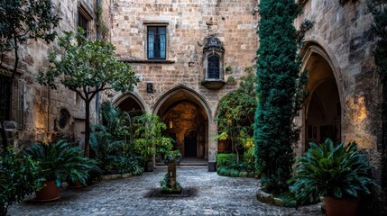 Obraz premium A tranquil courtyard, enclosed by ancient stone walls, boasts lush greenery and arched walkways.