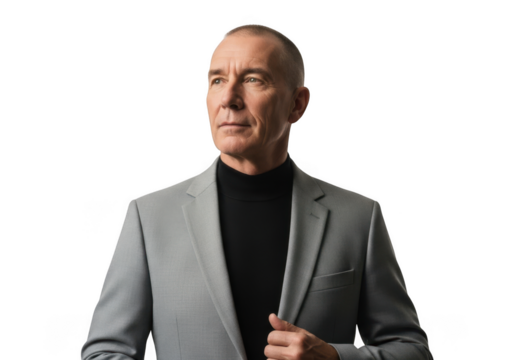 Professional businessman portrait in gray suit with black turtleneck, headshot image for business use stock photo, isolated on transparent background