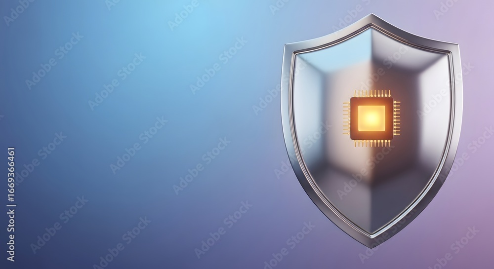 Poster illustration of a shield with a cpu chip, representing data protection and cybersecurity.