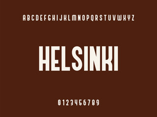 Helsinki wordmark with English alphabet and numbers on a solid brown background, modern typography text design.