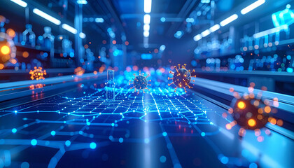 Technological Marvel: A close-up view of a modern laboratory or research facility, bathed in a cool blue light, depicting intricate networks and floating molecules.