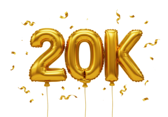 Isolated golden metallic foil balloons shaped as the number 20K with ribbons and confetti, symbolizing a milestone celebration against a white background.