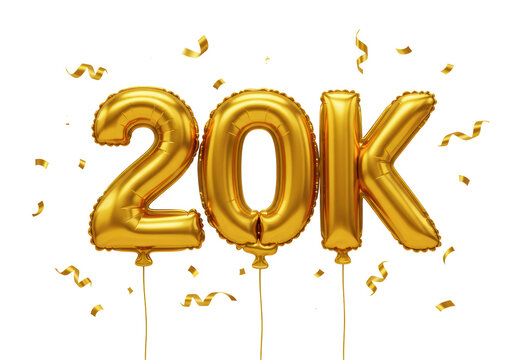 Isolated golden metallic foil balloons shaped as the number 20K with ribbons and confetti, symbolizing a milestone celebration against a white background.