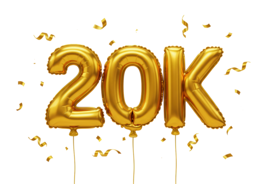 Isolated golden metallic foil balloons shaped as the number 20K with ribbons and confetti, symbolizing a milestone celebration against a white background.