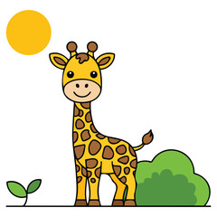 Landscape with cute baby giraffe chewing leaves vector illustration on white background