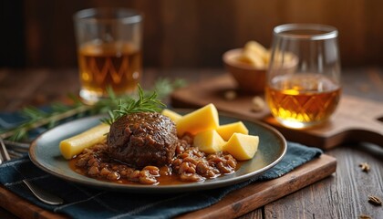 Hearty Scottish Haggis served with boiled potatoes and parsnips on plate, alongside glass of amber whisky. This traditional dish offers rich, savory flavor experience perfect for cold evening meal.