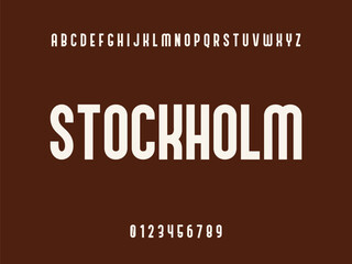 Stockholm wordmark with English alphabet and numbers on a solid brown background, modern typography text design.