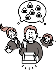 家族の分の食事を食い尽くす夫のイラスト