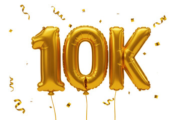 Isolated golden foil balloon composition displaying a symbol celebrating ten thousand followers or subscribers, featuring festive confetti elements against a clean, white background