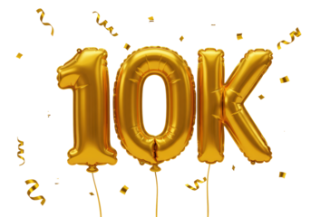 Isolated golden foil balloon composition displaying a symbol celebrating ten thousand followers or subscribers, featuring festive confetti elements against a clean, white background