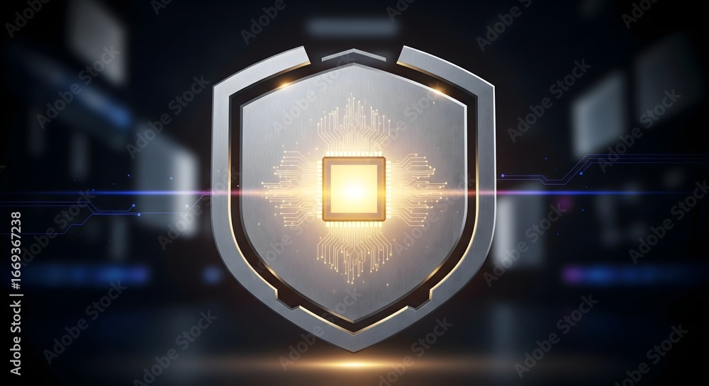 Poster illustration of a futuristic shield with a microchip, representing digital security.