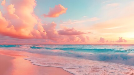 Obraz premium Pink sky, waves, beach, sunset
