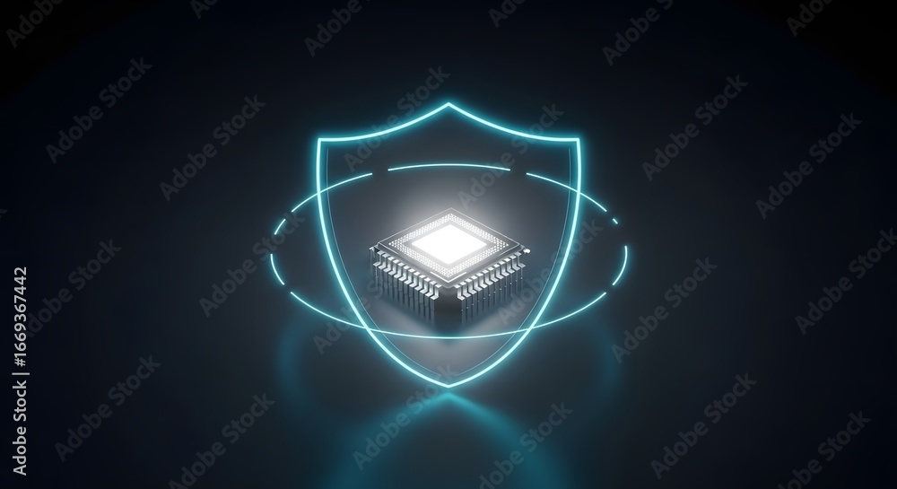 Poster glowing computer chip protected by a digital shield.