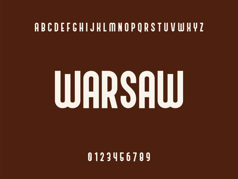 Warsaw wordmark with English alphabet and numbers on a solid brown background, modern typography text design.
