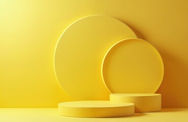 Minimalist abstract scene features yellow gradient background with layered circular platforms. Clean, modern composition in warm tones offers bright, elegant design space for product display interior