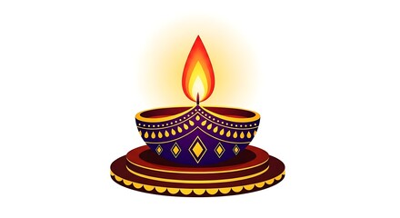 Decorative Diya Lamp with Flame on White Background