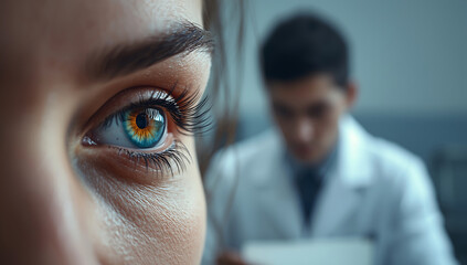 A close up of a blue eye with a doctor in the background.