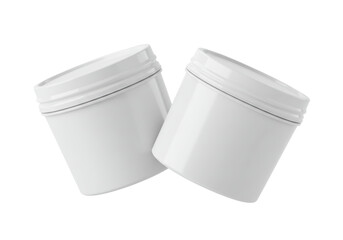 Isolated close-up studio shot of two blank white plastic tubs with ribbed lids for holding food products, cream, body care, ointment or other materials, angled, on a white background