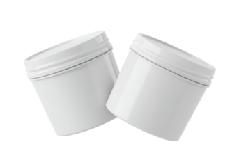 Isolated close-up studio shot of two blank white plastic tubs with ribbed lids for holding food products, cream, body care, ointment or other materials, angled, on a white background